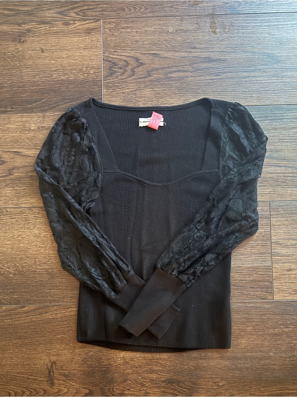 Anthropologie Black Lace-Sleeve Square Neck Knit Top Sz S